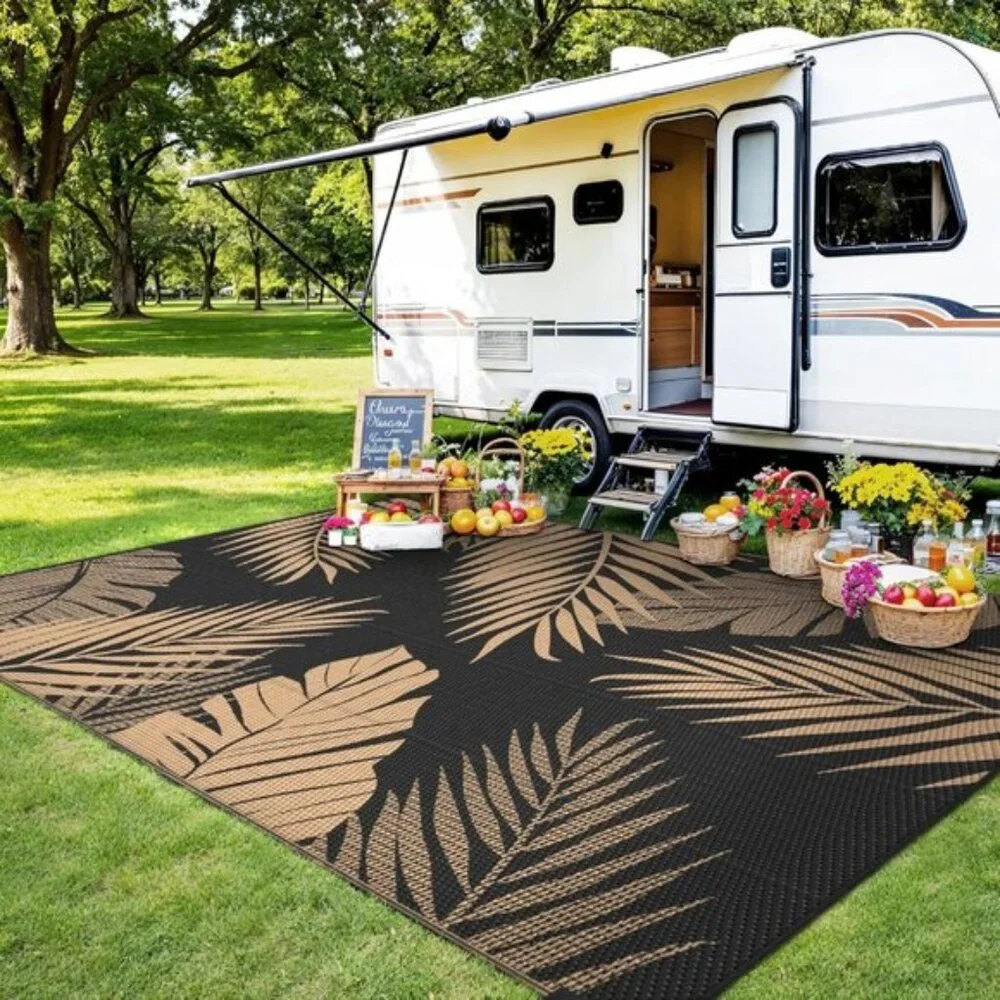 New 4x6 Black & Brown Outdoor Rug, Waterproof Reversible Patio Mat for RV & Deck
